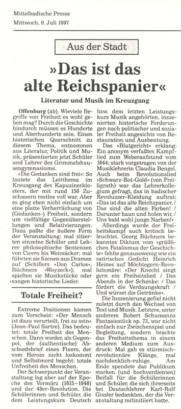 Offenburger Tageblatt - Aufführungsbericht vom 9. Juli 1997