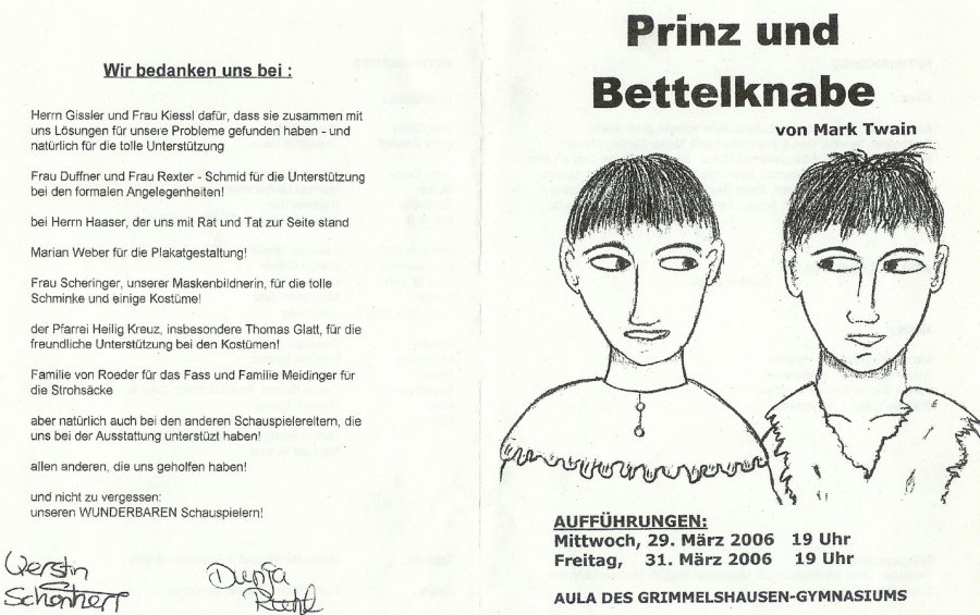 Prinz und Bettelknabe - Programm Aussenseite