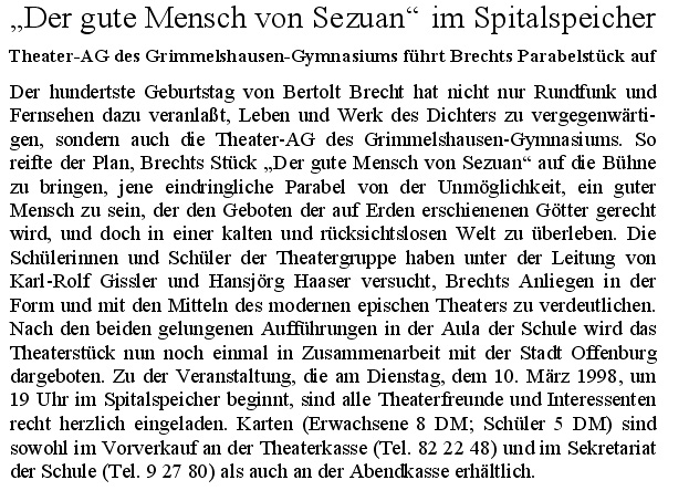 Offenburger Tageblatt - Zeitungshinweis Jan. 1998