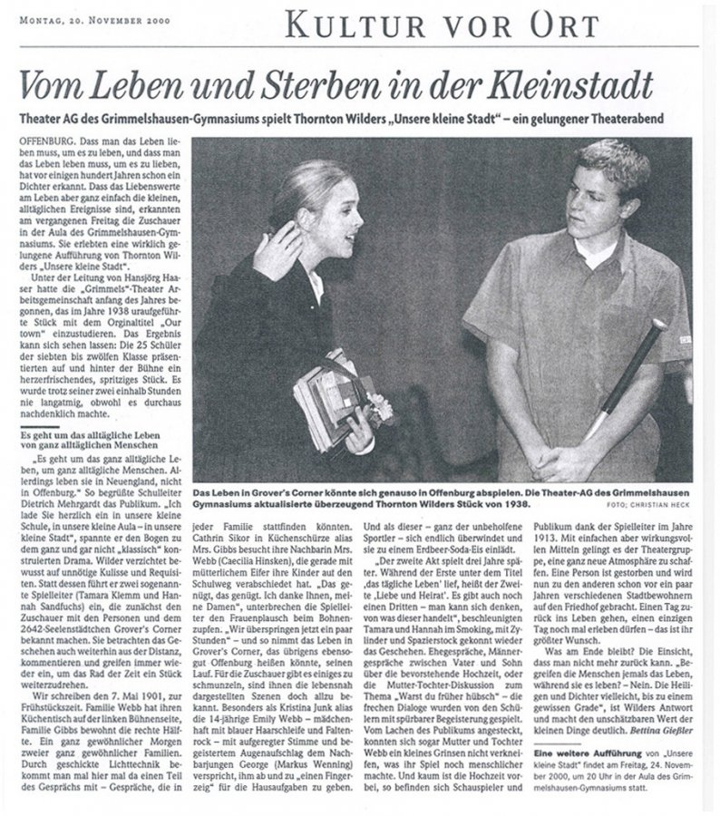 Badische Zeitung - Aufführungsbericht vom 20. November 2000