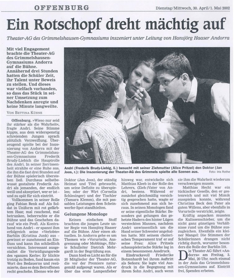 Offenburger Tageblatt - Aufführungsbericht vom 30. April 2002