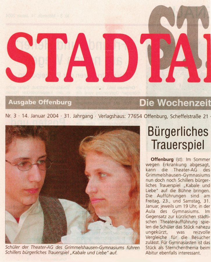 Stadtanzeiger - Titelseite - Vorbericht vom 14. Januar 2004