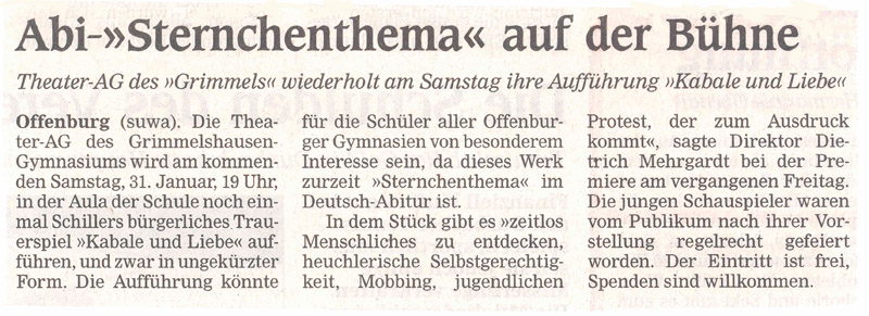 Offenburger Tageblatt - Hinweis auf die zweite Aufführung am 29. Januar 2004