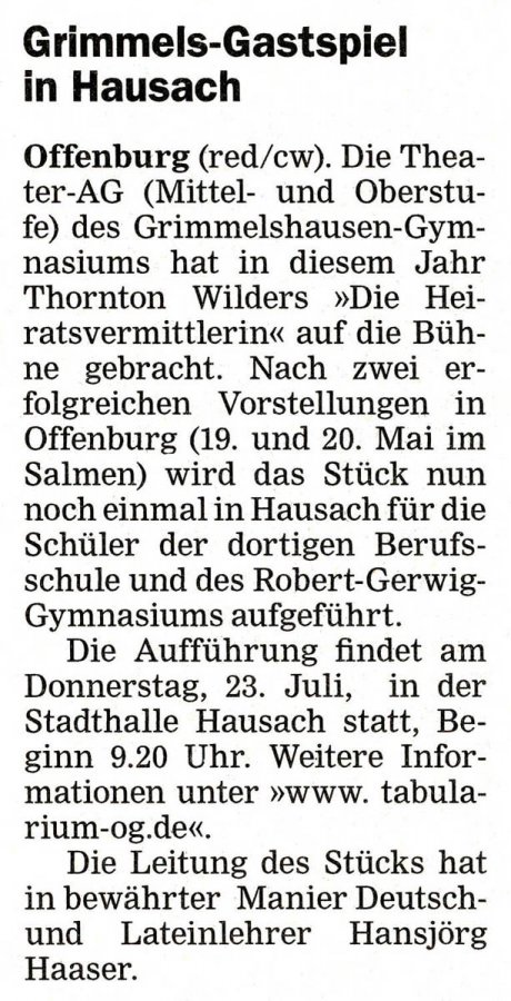 Offenburger Tageblatt - Vorbericht vom 18. Juli 2009 - Aufführung Stadthalle Hausach