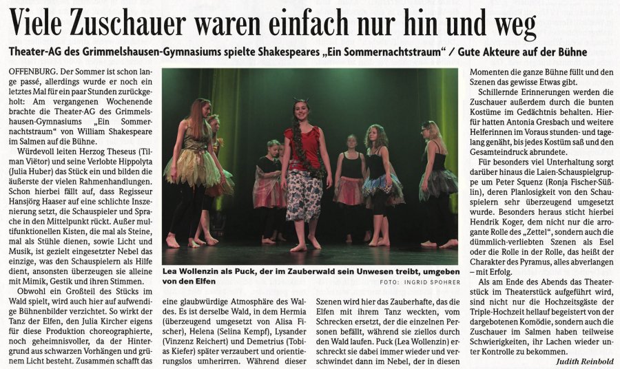 Shakespeare Ein Sommernachtstraum - BZ Auffuehrungsbericht vom 21. November 2014